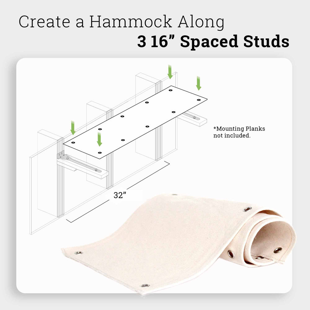 diagram of a 5 grommet canvas hammock attaching to planks on the wall