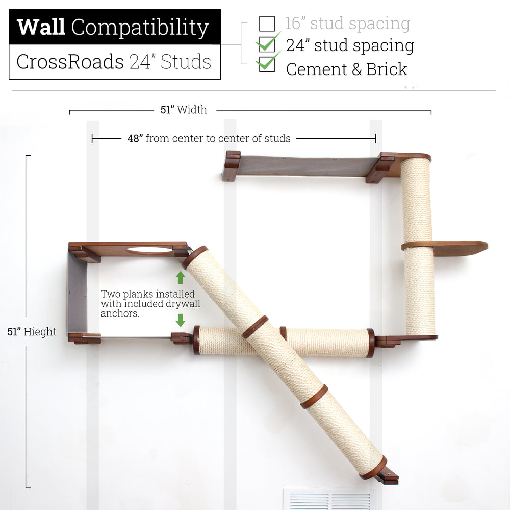 Crossroads Cat scratcher shown in English Chestnut with Charcoal Gray canvas Hammock built for 24” studs