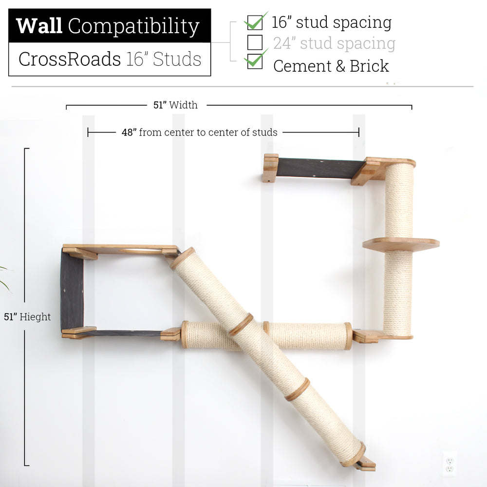 Crossroads Cat scratcher shown in Natural Bamboo with Charcoal Gray canvas Hammock built for 16” studs