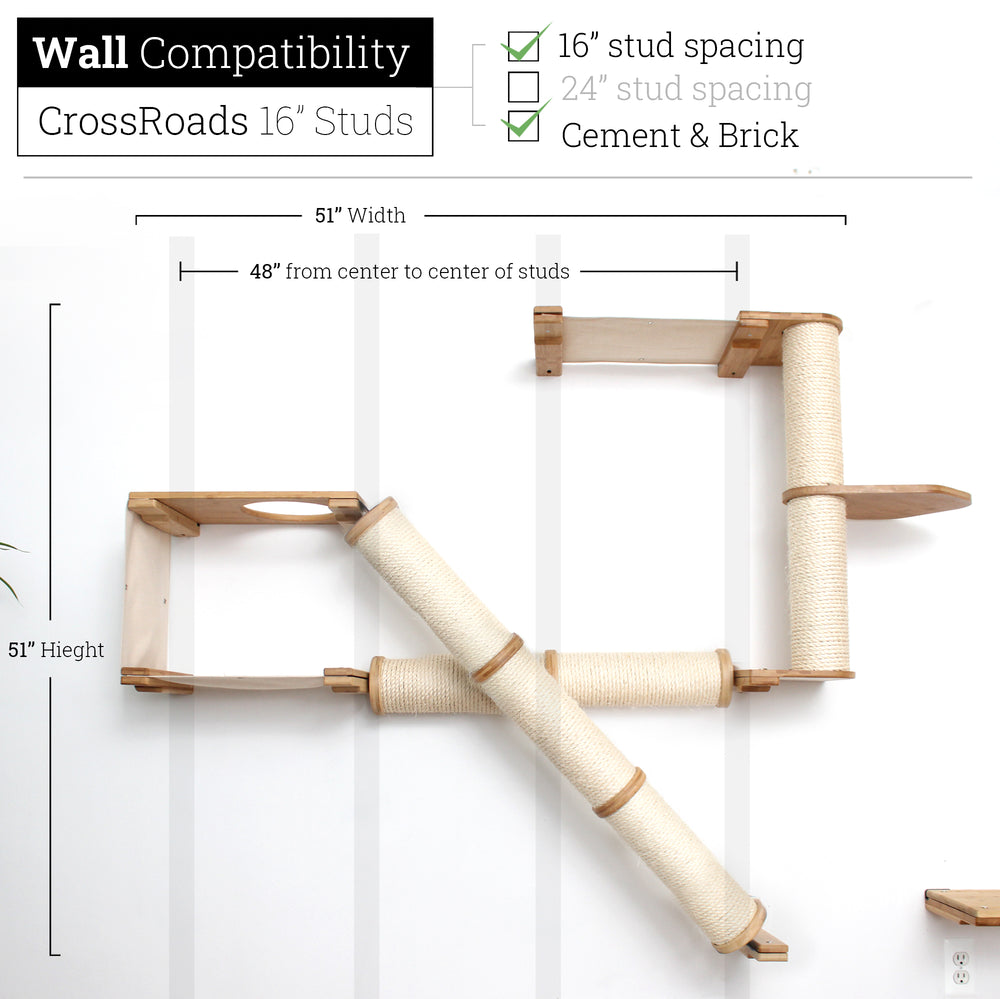 Crossroads Cat scratcher shown in Natural Bamboo with Natural canvas Hammock built for 16” studs