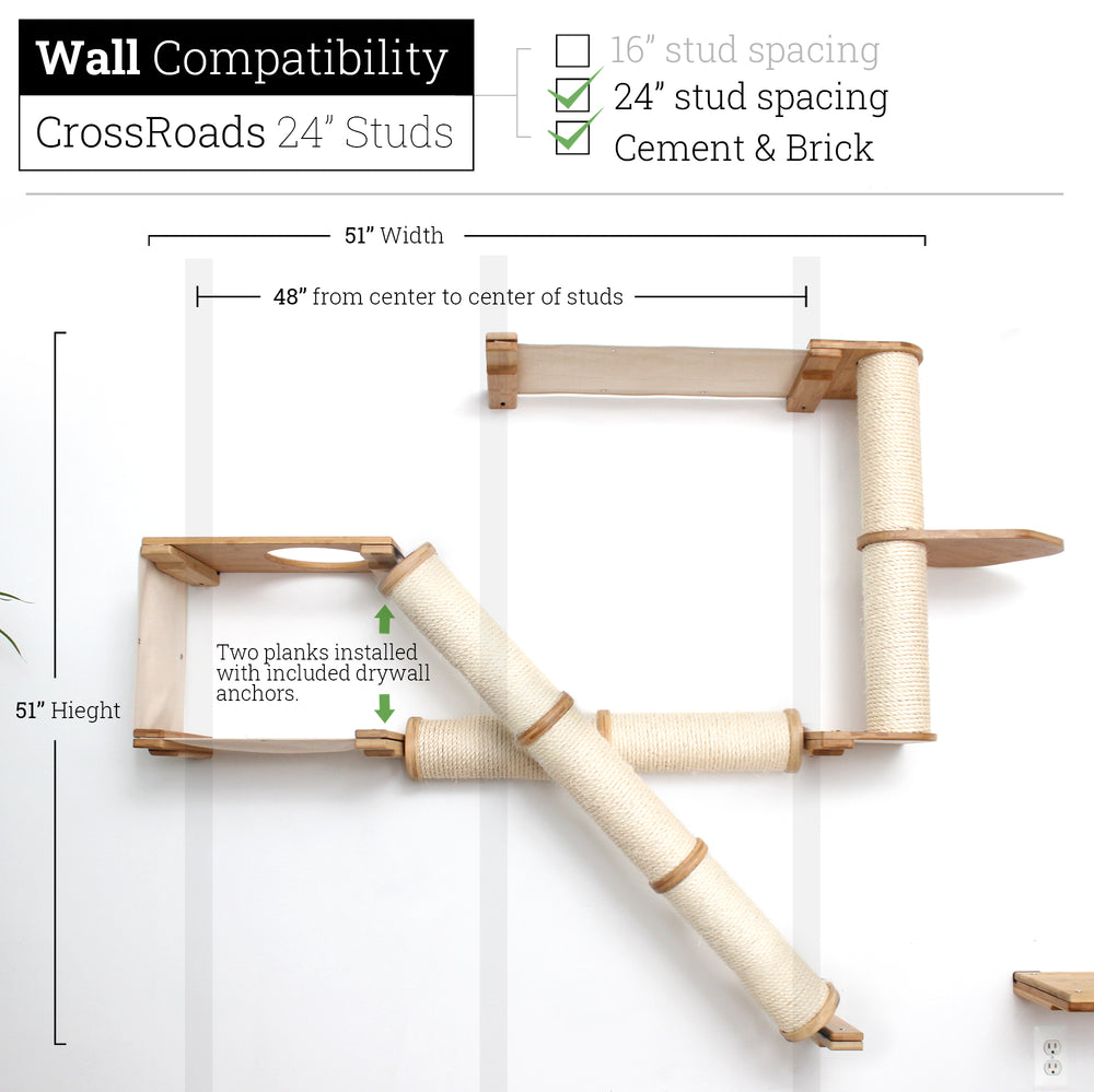 Crossroads Cat scratcher shown in Natural Bamboo with Natural canvas Hammock built for 24” studs