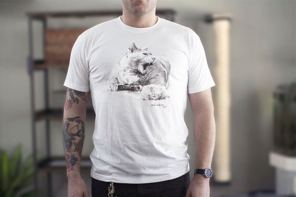 White t-shirt with cat drawing