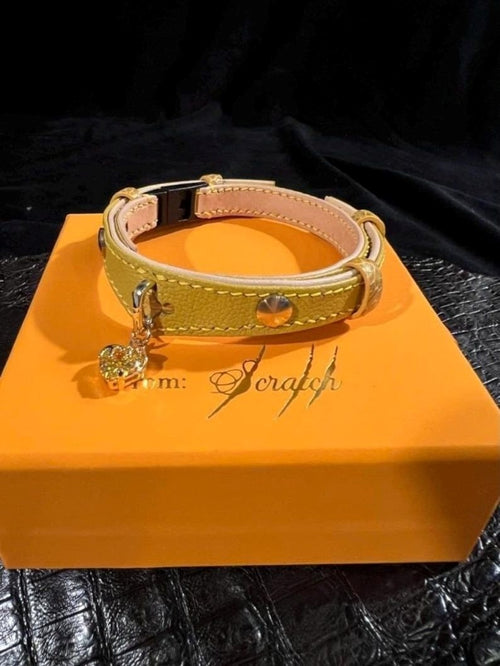 Yellow leather cat collar with heart charm