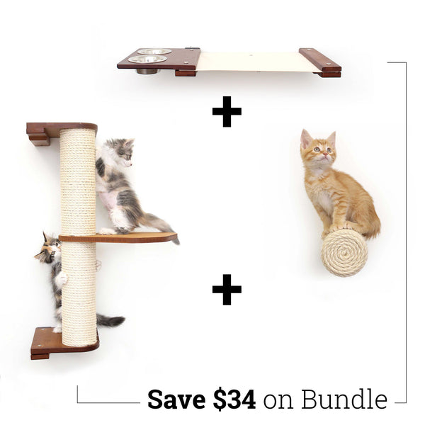 Photo showcasing this bundle comes with a vertical cat scratching pole, elevated cat feeder hammock and Floating cat scratcher step