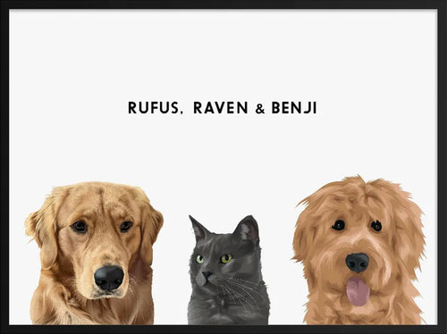 3 pets in a personalized pet portrait