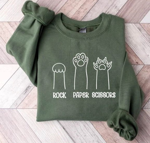 Green sweatshirt with cat paws doing rock paper scissors 