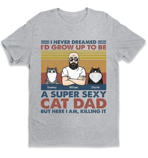 Gray tshirt with man and two cats