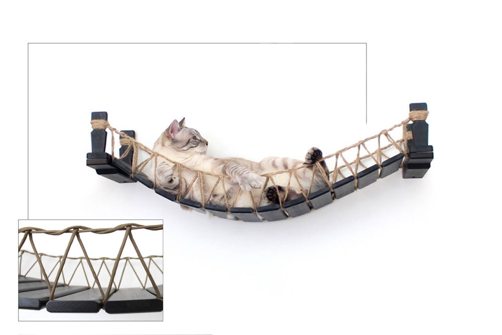 Swatch of paracord roping upgrade shown with a photo of a cat relaxing on an Onyx Bamboo 34 inch wall cat bridge